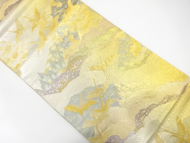 群鶴に樹木・紅葉模様織り出し　袋帯